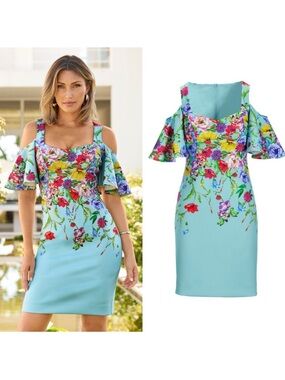 Garden Row Placed Print Cold Shoulder Scuba Dress Blue Tint multi